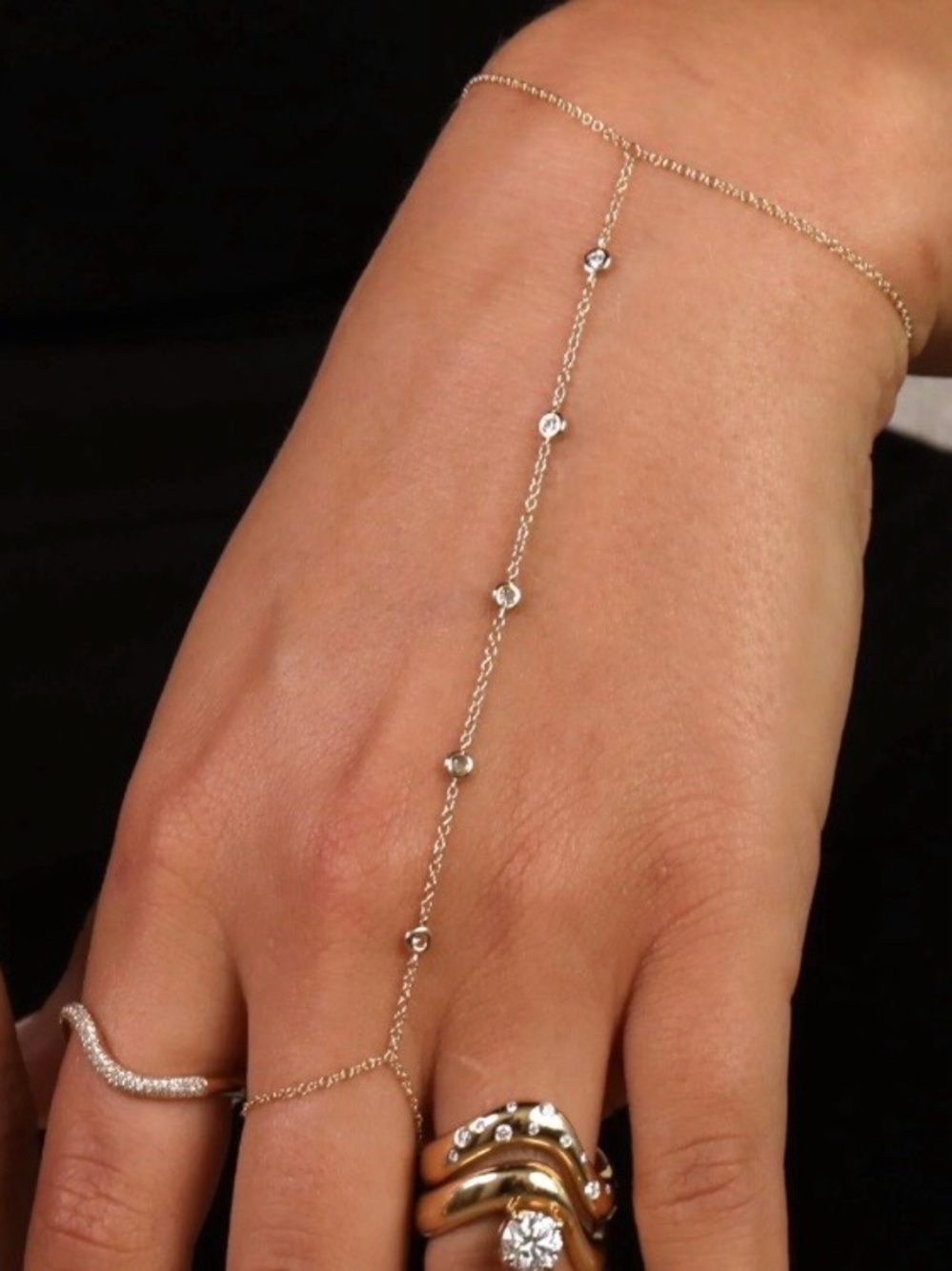 14K Gold Five Round Bezel Diamond Hand Chain - Picture 4 of 7